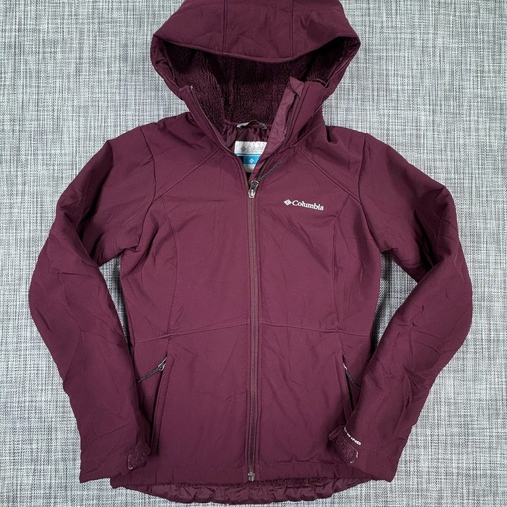 Columbia Womens Small Burgundy Softshell Jacket Hooded Full Zip Plush Fleece